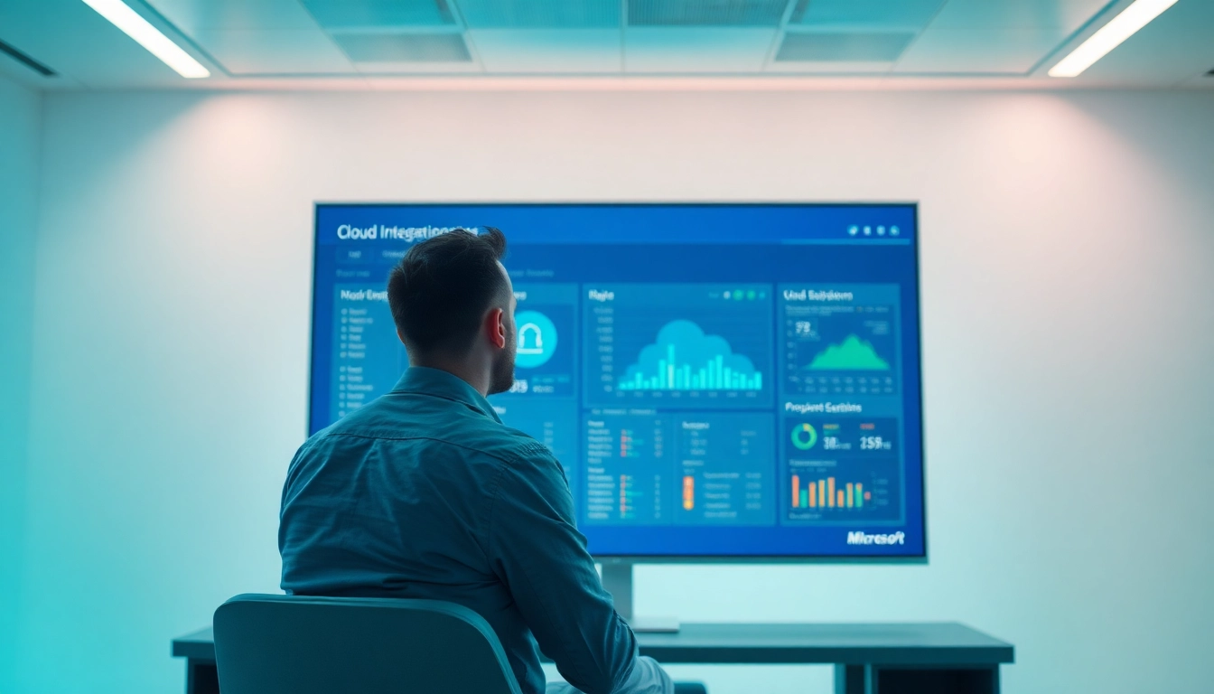 Visualisieren Sie die Microsoft Server 2025 Cloud Integration in einer futuristischen IT-Umgebung, mit einem IT-Experten bei der Datenanalyse.