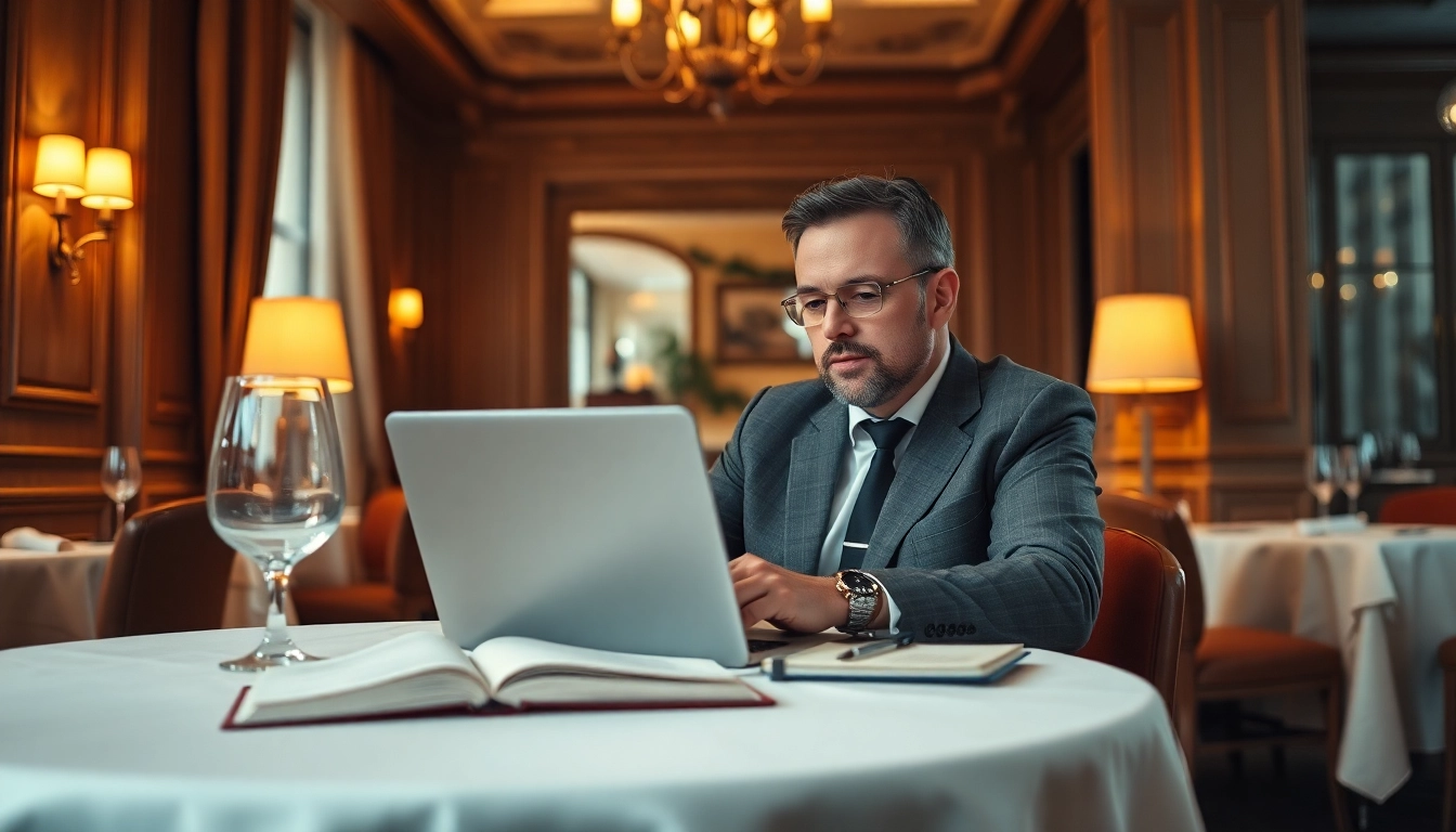 Headhunter Gastronomie bei der Arbeit in einem eleganten Restaurant, umgeben von Stil und Professionalität.