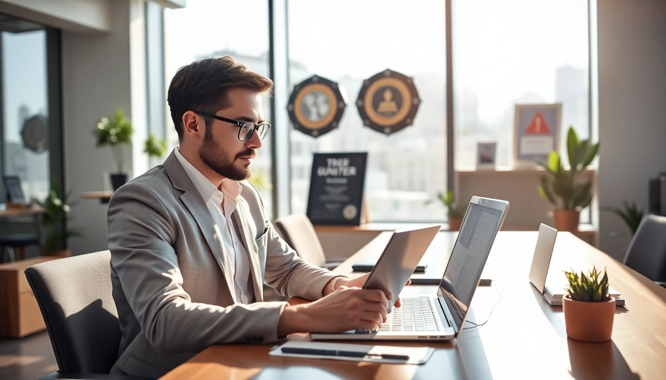 Headhunter Schweiz analysiert Lebensläufe am Laptop in modernem Büro.