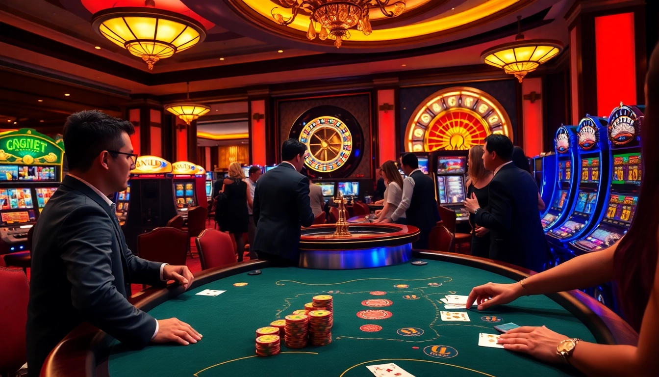 Exciting casino floor scene showcasing gambling activities at https://789clubac.cn.com/ with vibrant slots and card tables.