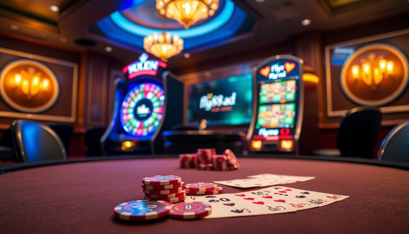 Players enjoy interactive casino games at fly88.ad, featuring vibrant poker tables and slot machines.