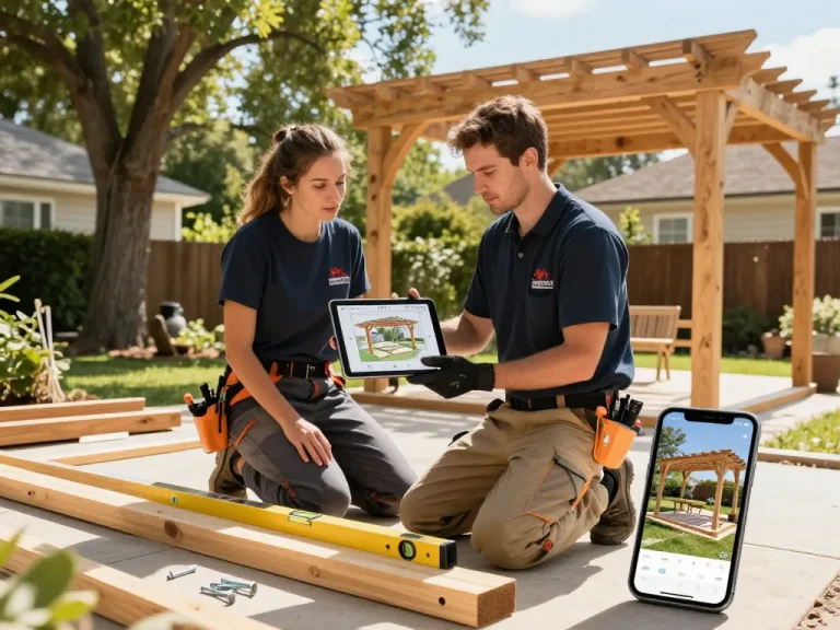 Software für Pergola-Installateure, die von einem Installateur in einem sonnigen Garten verwendet wird, um eine maßgeschneiderte Pergola zu entwerfen, während er mit einem Hausbesitzer interagiert.