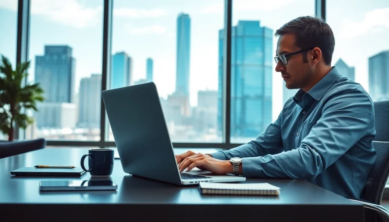 IT Consulting: Engaged IT consultant at a modern workspace, surrounded by technology.