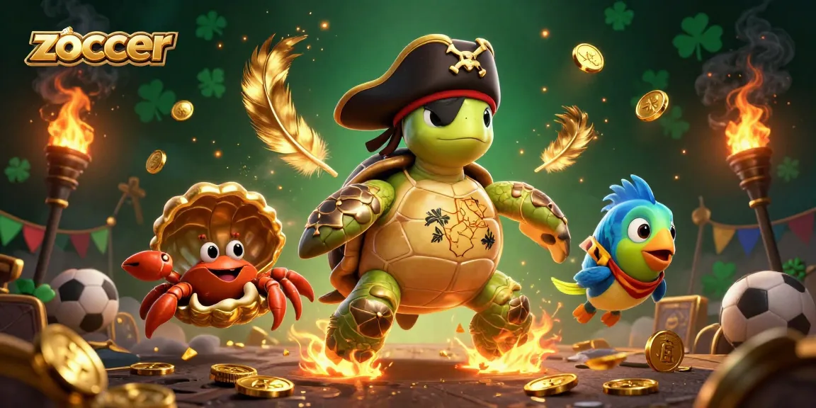 Engage with zoccer sports action featuring a lively pirate turtle and friends above gold coins.