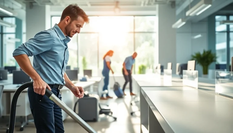 Professionelle büroreinigung berlin in einem modernen Büro mit fleißigen Reinigungskräften.