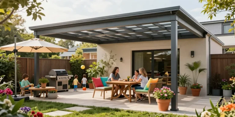 Stylische Terrassenüberdachungen in einem modernen Garten mit einer Familie und blühenden Pflanzen.