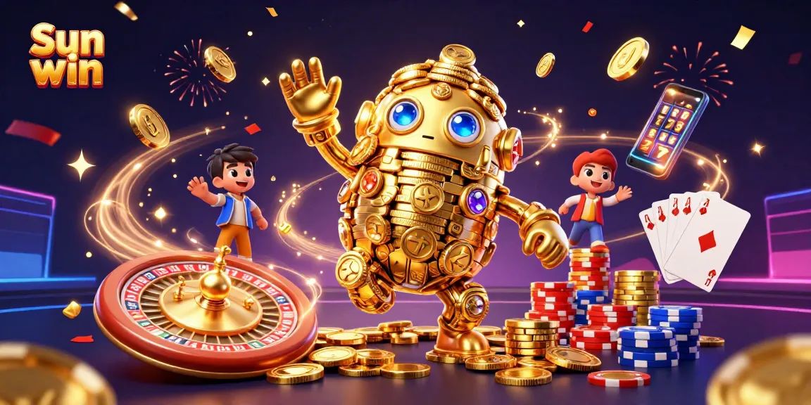 Engage with the thrilling Sun win gaming experience featuring a golden golem amidst swirling coins and vibrant casino elements.
