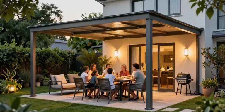 Terrassenüberdachung bietet modernen Schutz für eine gemütliche Outdoor-Essensituation.