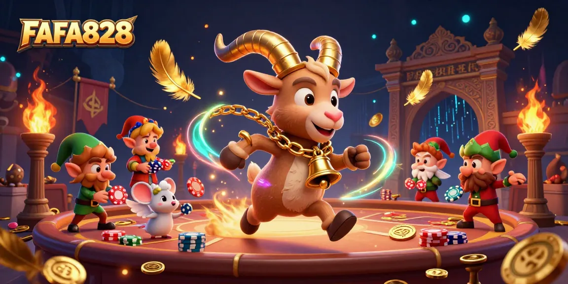 FAFA828 casino scene featuring playful characters in a vibrant holiday-horror setting with poker chips and festive chaos.